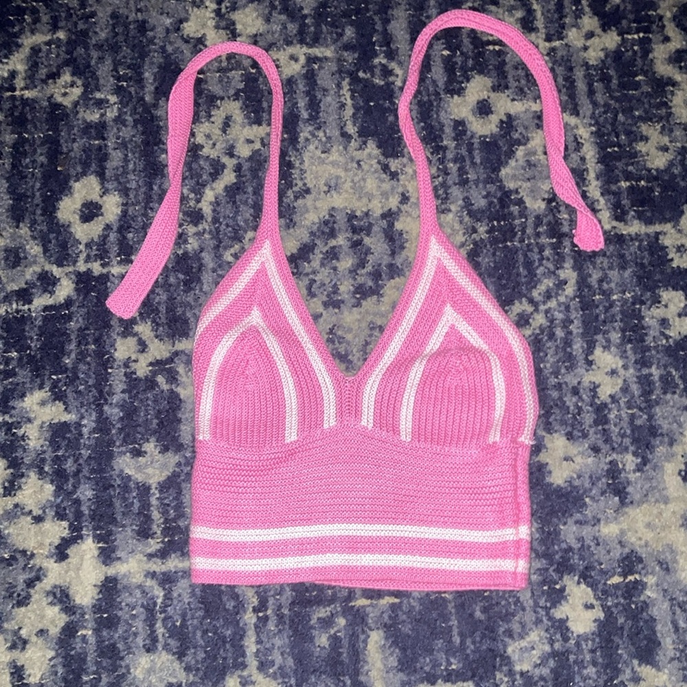 Pink and White Striped Knit Crop Top